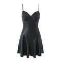 Black faux-leather mini dress with a bustier-style bodice, spaghetti straps, and flared skirt, front view flat lay on white background.
