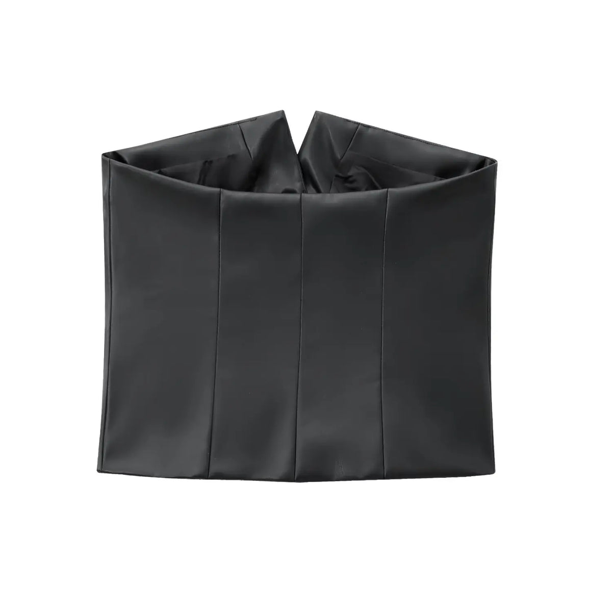 Black faux leather strapless button front crop top, back flat lay
