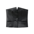 Black faux leather strapless button front crop top, front flat lay