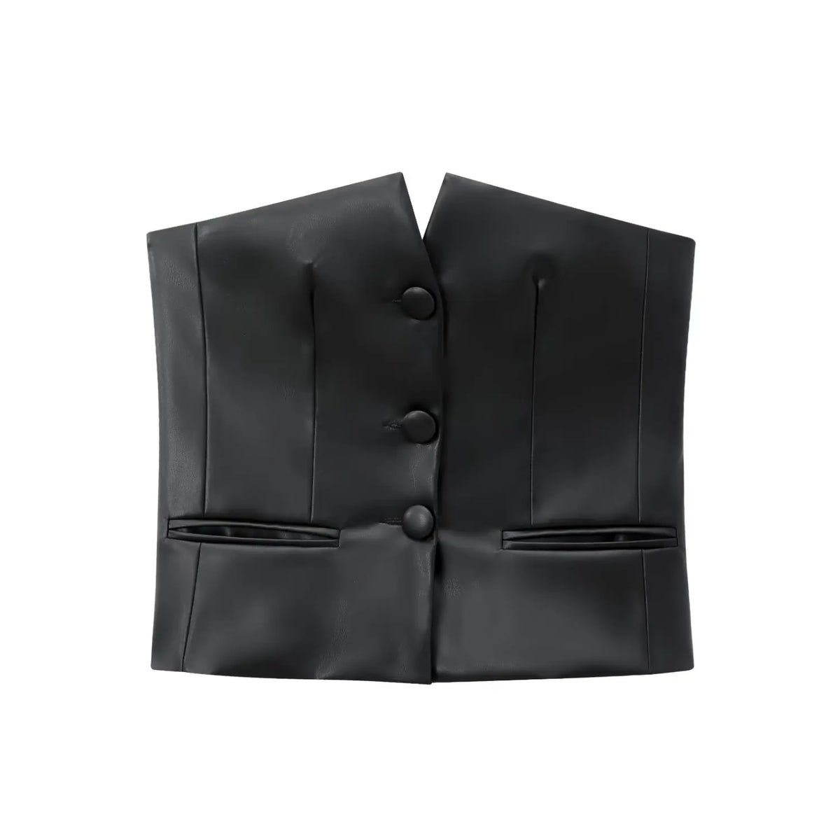 Black faux leather strapless button front crop top, front flat lay