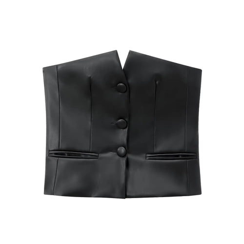 Black faux leather strapless button front crop top, front flat lay