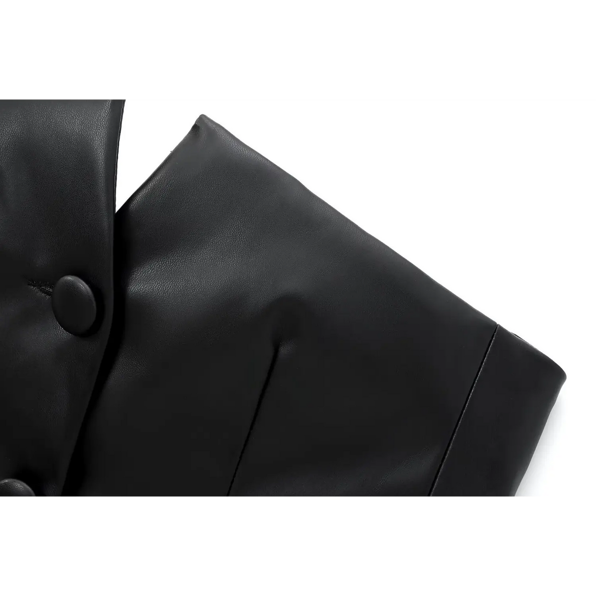 Close-up of pointed notched V neck and covered button