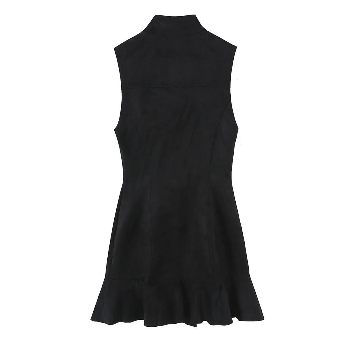 Black faux suede stand collar button front ruffle dress, back flat lay