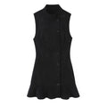 Black faux suede stand collar button front ruffle dress, front flat lay