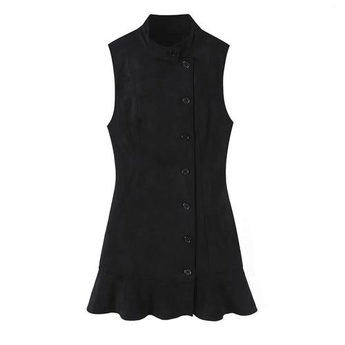 Black faux suede stand collar button front ruffle dress, front flat lay
