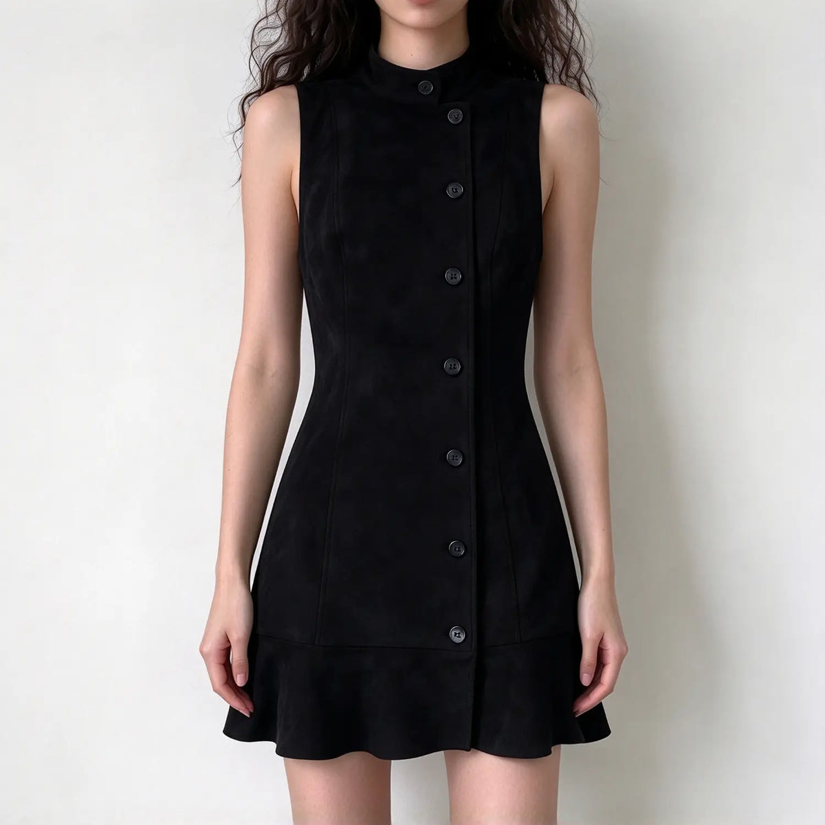 Model wearing black faux suede stand collar button front ruffle dress, front view