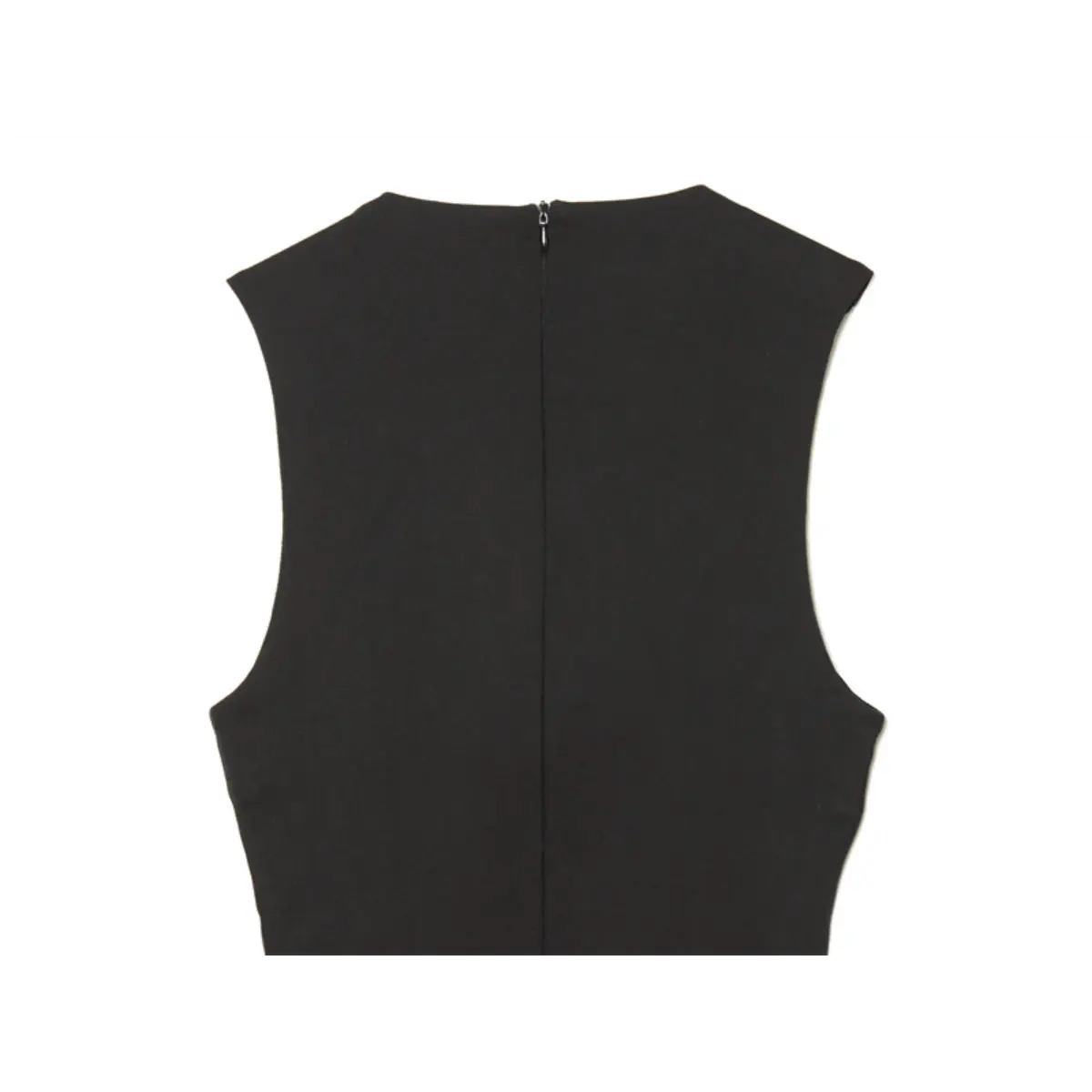 Back view of the black dress, highlighting the center back zipper and structured sleeveless bodice