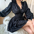 Black floral jacquard deep v neck long bubble sleeve fitted waist skater mini dress, women dark aesthetic party dress | Detail
