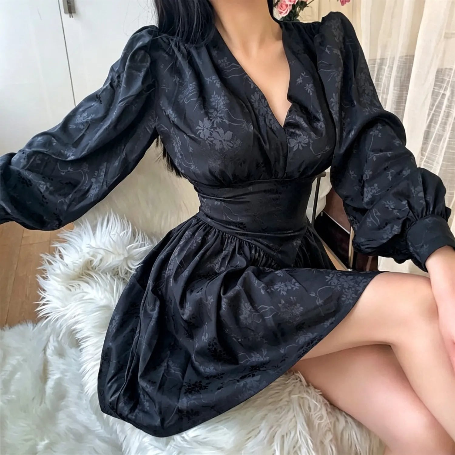 Black floral jacquard deep v neck long bubble sleeve fitted waist skater mini dress, women dark aesthetic party dress | Detail