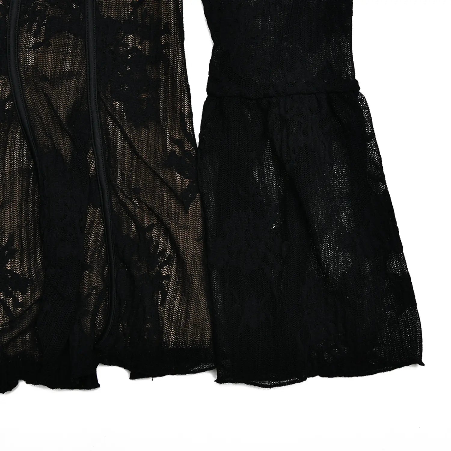 Close‑up flat lay black floral lace mini dress bell sleeve hem and side zipper fabric detail