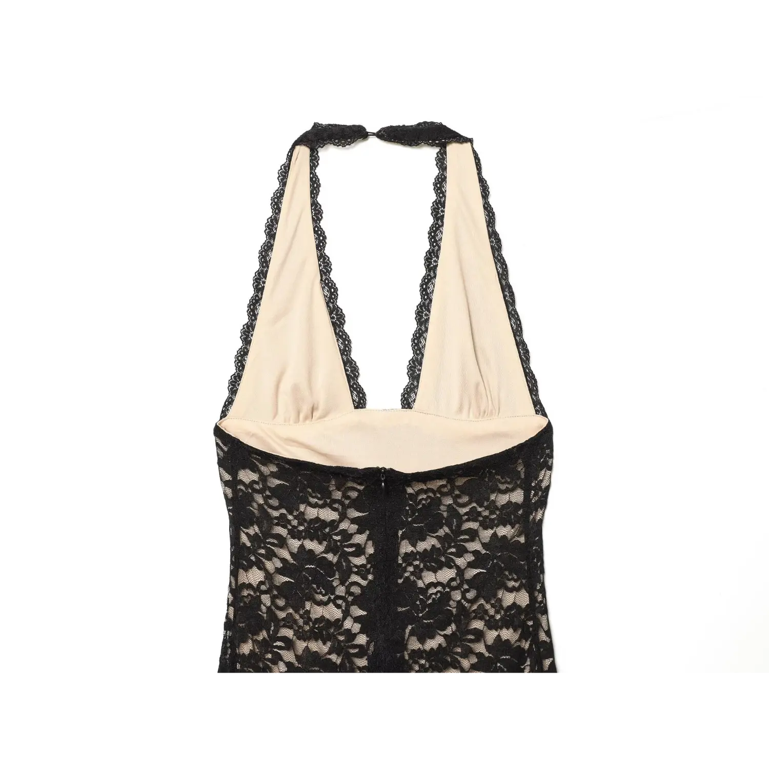 Close‑up back bodice view black floral lace halter maxi dress showing nude inner lining and back zipper