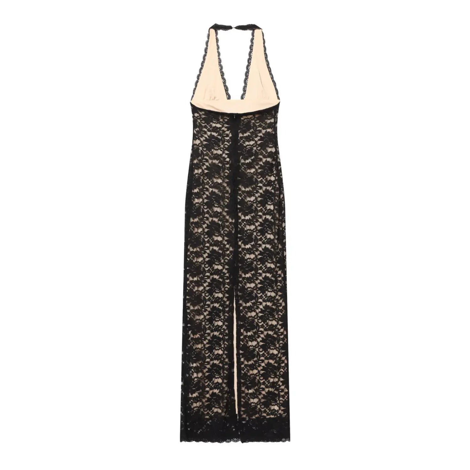 Flat lay back view black floral lace halter maxi dress with back slit and nude lining