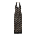 Flat lay front view black floral lace halter maxi dress with nude inner lining deep v neck