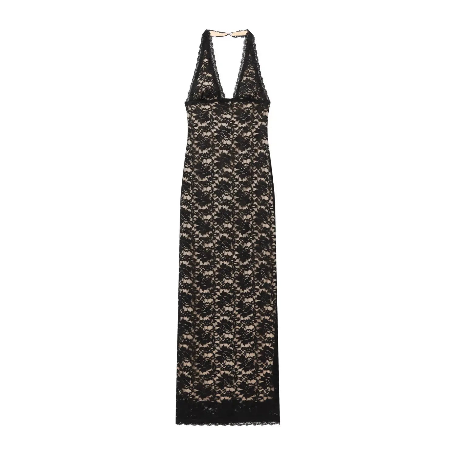 Flat lay front view black floral lace halter maxi dress with nude inner lining deep v neck