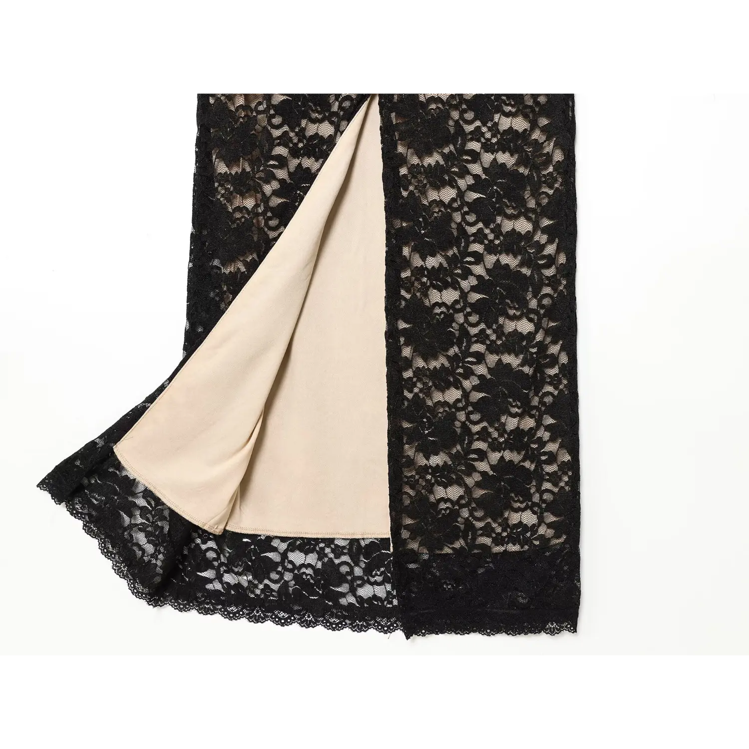 Flat lay back slit view black floral lace halter maxi dress with exposed nude inner lining