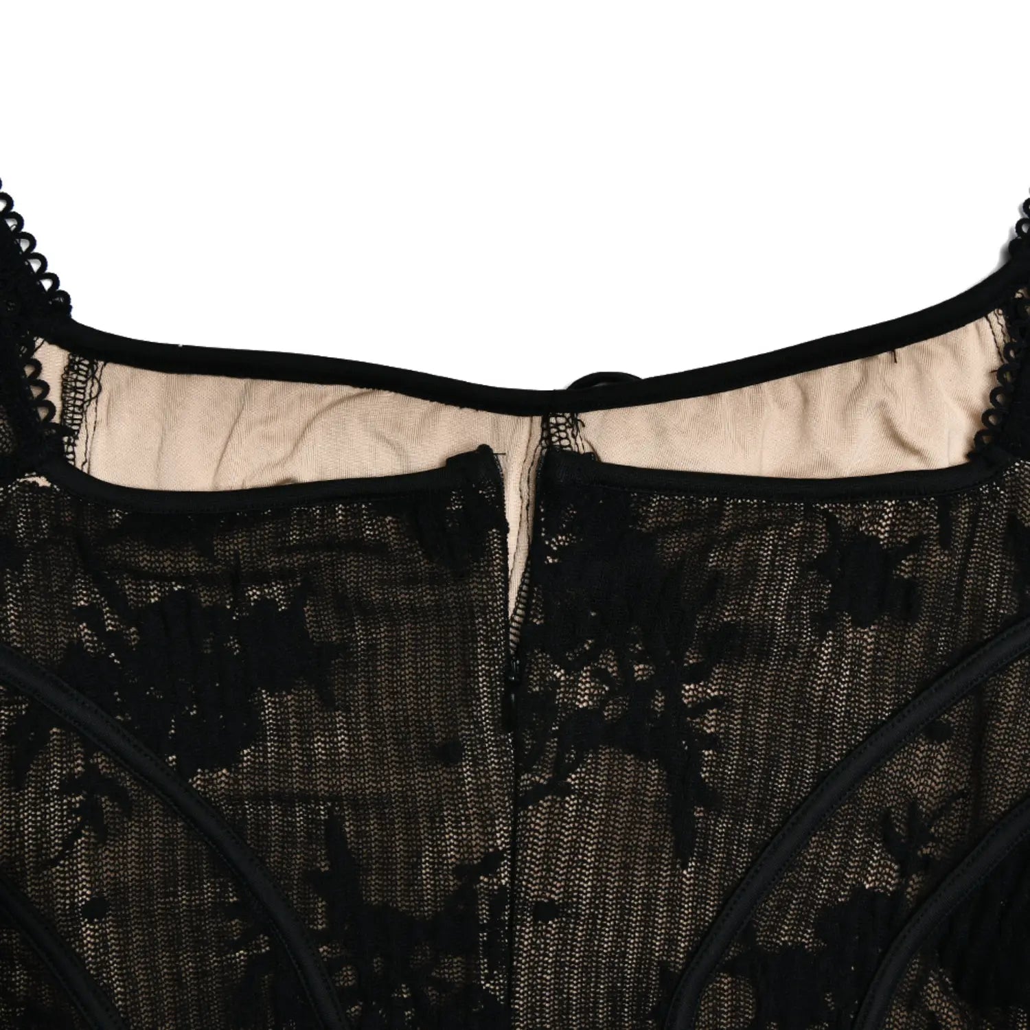 Close‑up back view black floral lace mini dress invisible zipper and inner lining detail