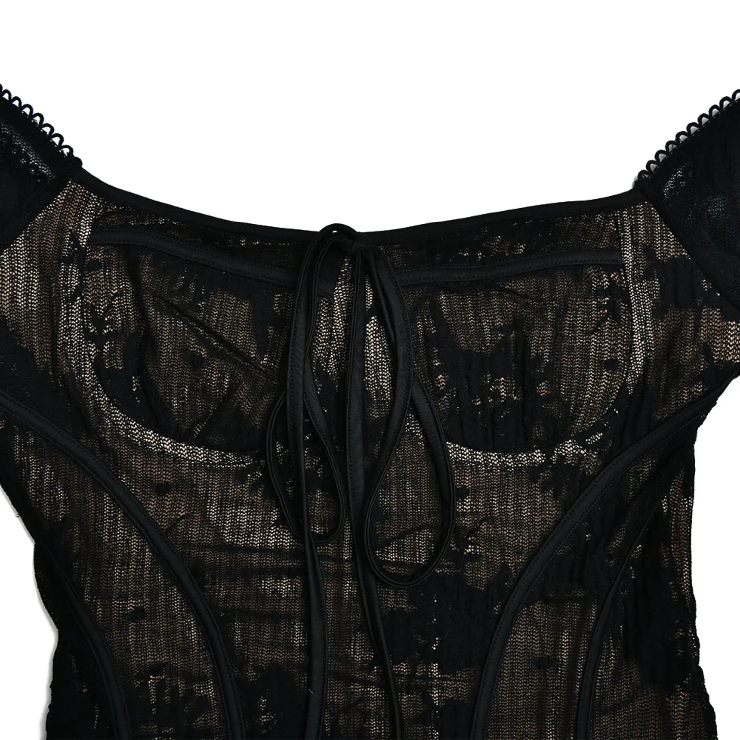 Close‑up front bust tie detail black floral lace mini dress square neckline corset seam