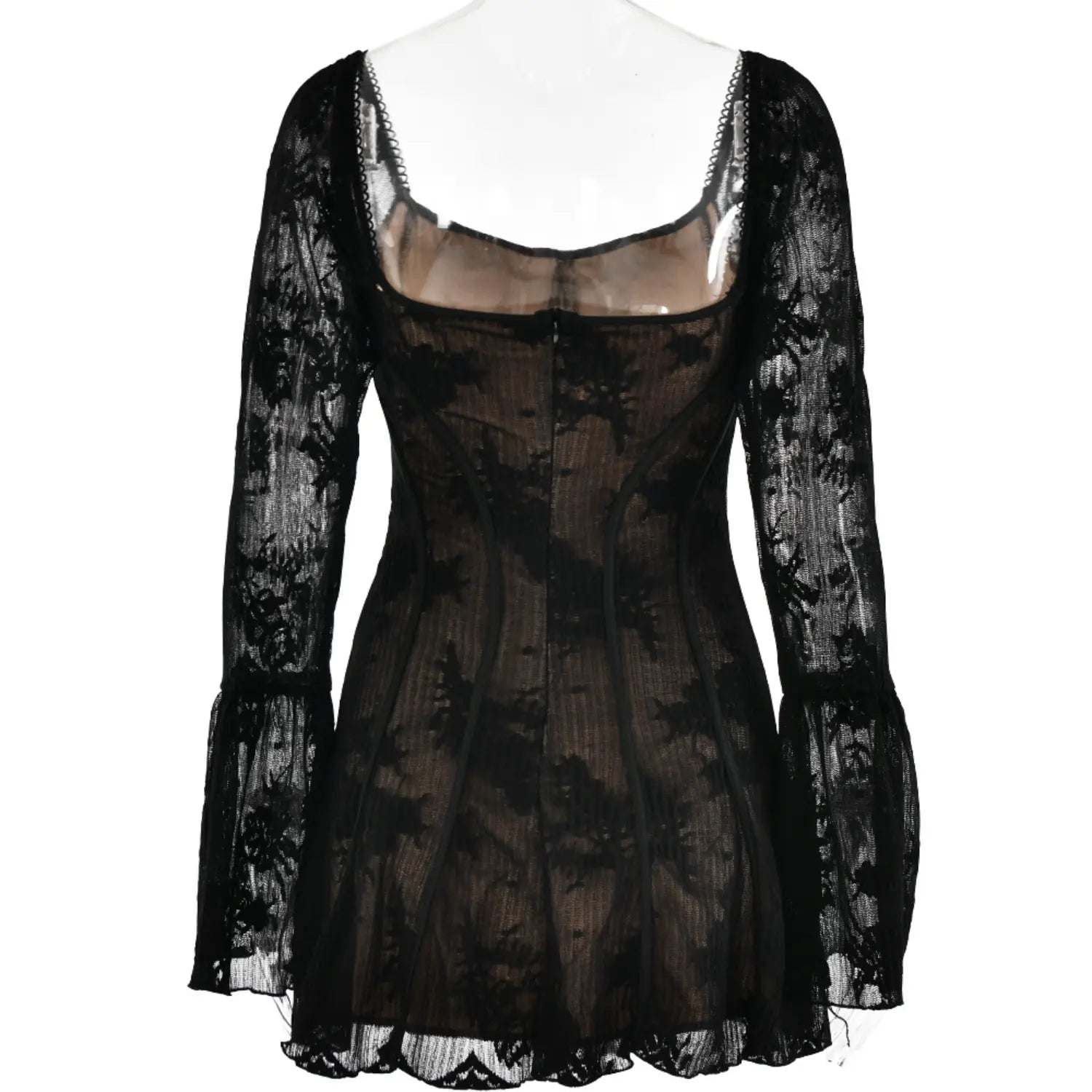 Mannequin back full shot black floral lace mini dress rear zipper long bell sleeve