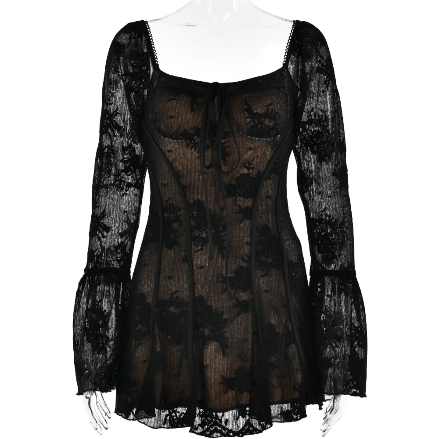 Mannequin front full shot black long bell sleeve square neck floral lace sheer mini dress
