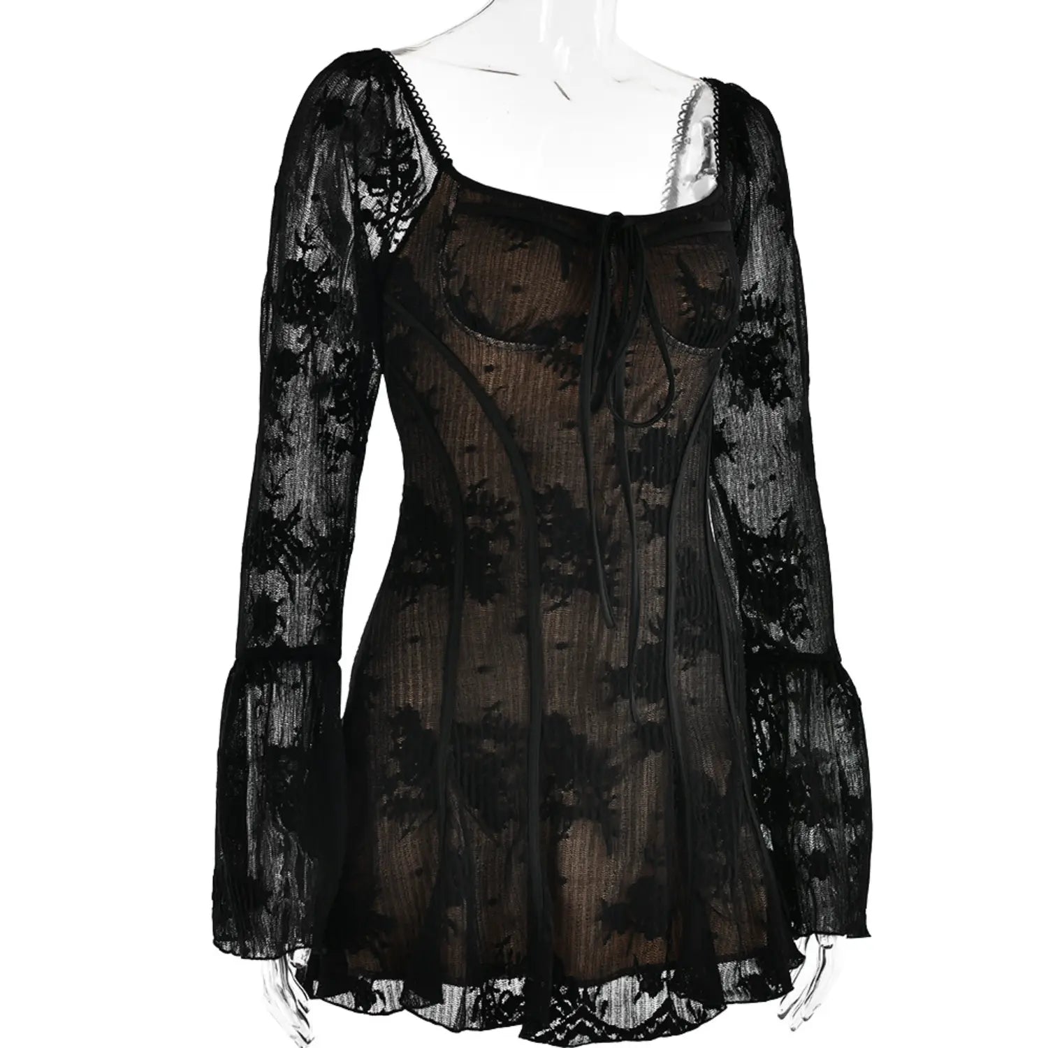 Mannequin side profile black floral lace mini dress square neck bell long sleeve sheer fabric