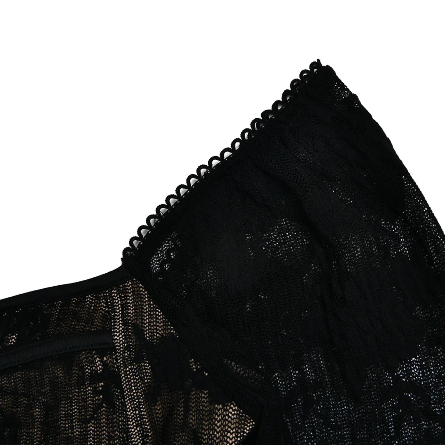 Close‑up shoulder sleeve scalloped lace trim black sheer floral lace mini dress