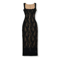 Flat lay front view of black floral lace sleeveless midi bodycon dress, nude underlining, back hem slit detail
