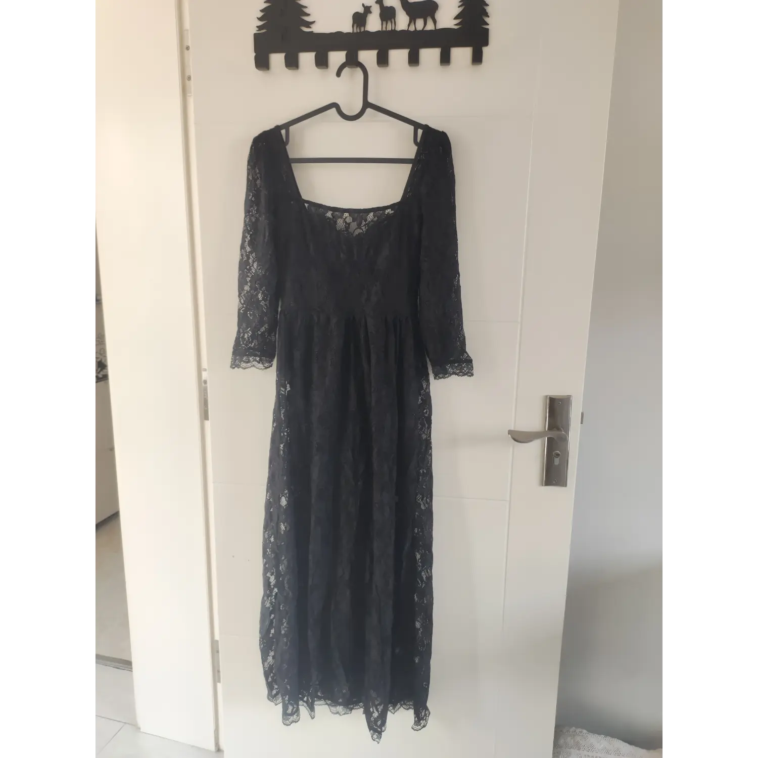Full hanging shot black floral lace square neck three quarter sleeve corset maxi dress | Detail