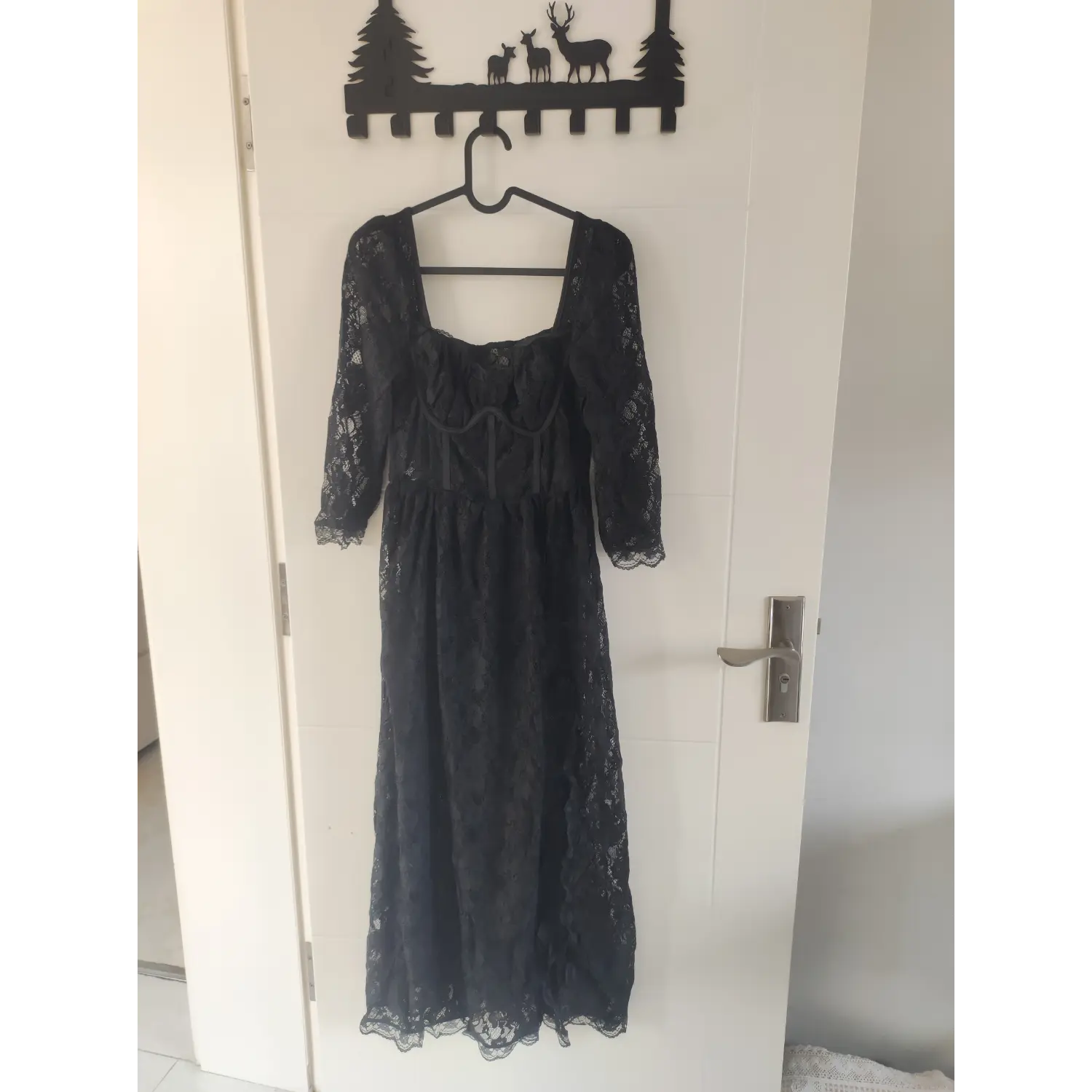 Full hanging view black floral lace square neck corset bust three-quarter sleeve long maxi dress | Detail