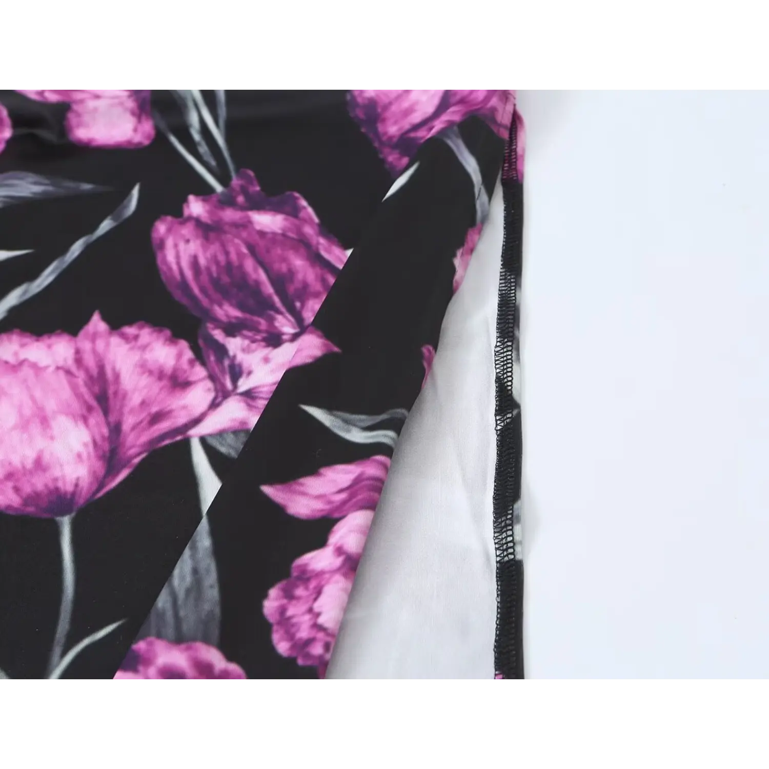 Black purple floral maxi dress, side slit and inner lining close‑up