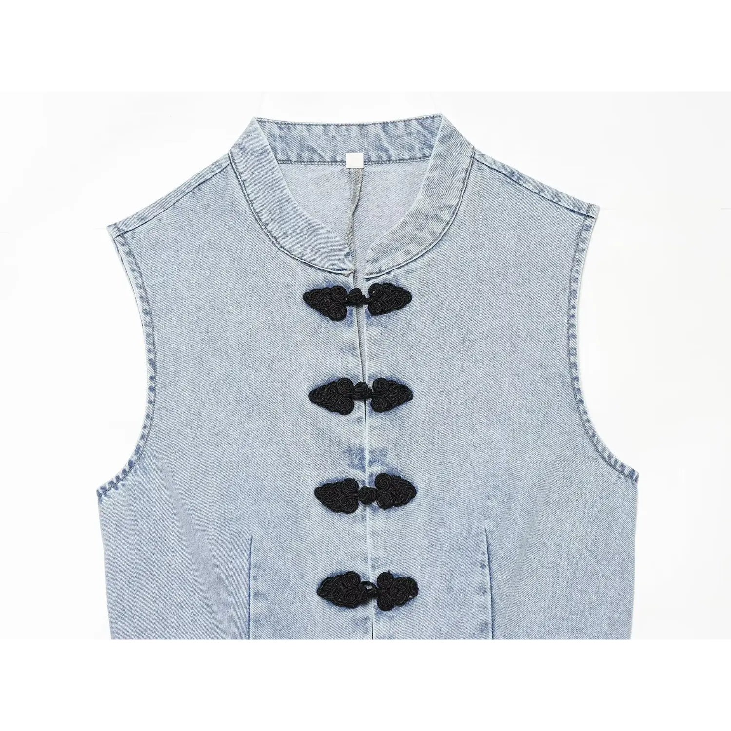Flat closeup front mandarin neckline & full vertical frog button placket