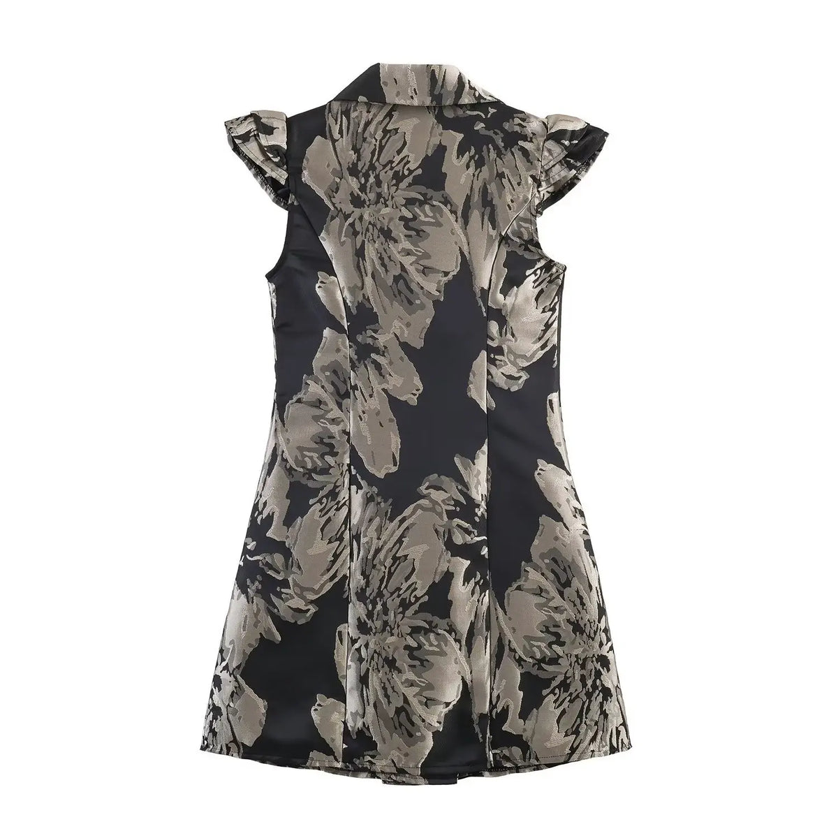 Back view of black grey floral jacquard mini dress, sleeveless ruffle cap sleeve design, elegant A-line short skirt silhouette