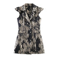 Front view of black grey floral jacquard mini dress, lapel blazer collar, ruffle cap sleeves, double-breasted pearl buttons, fitted waist with fake pockets