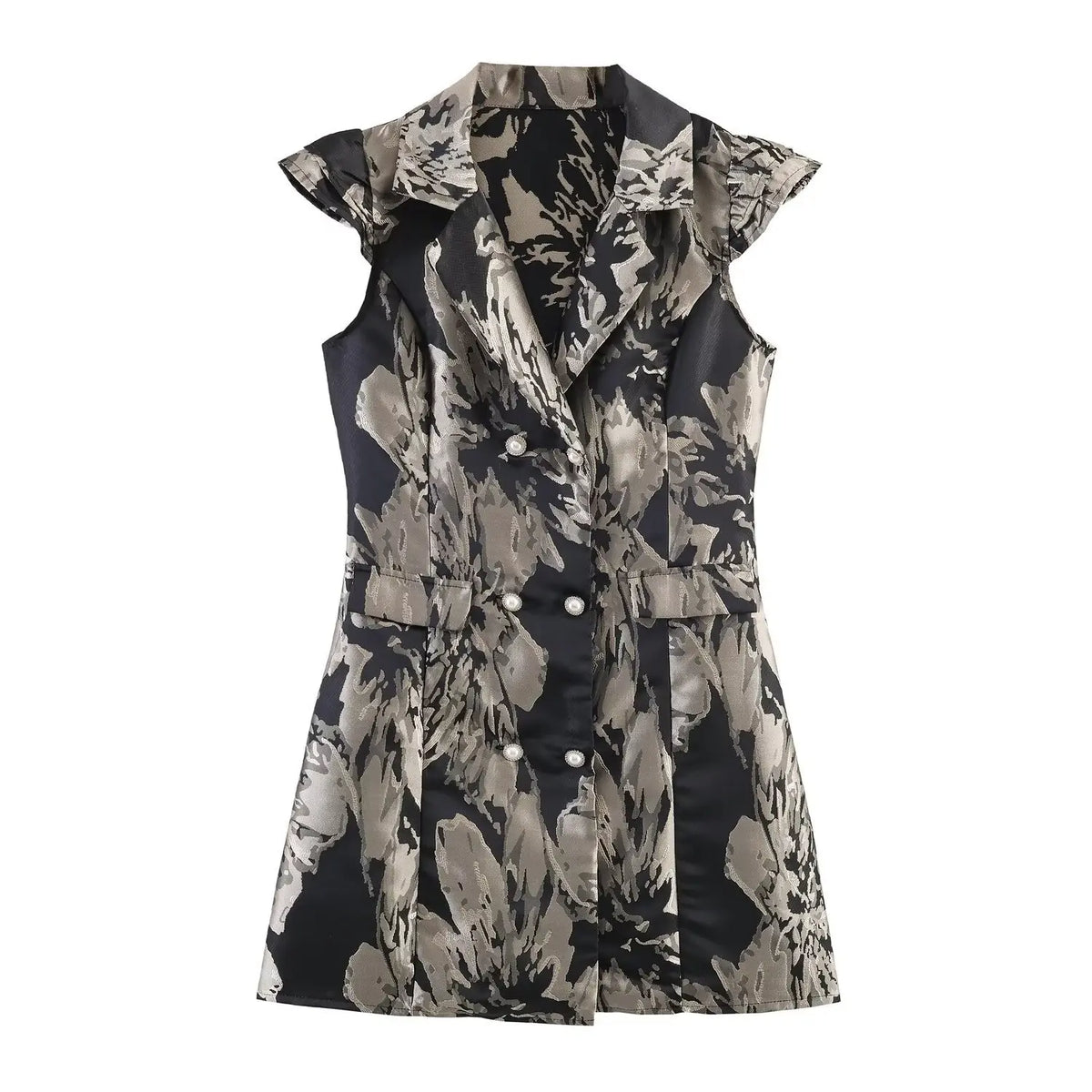 Front view of black grey floral jacquard mini dress, lapel blazer collar, ruffle cap sleeves, double-breasted pearl buttons, fitted waist with fake pockets