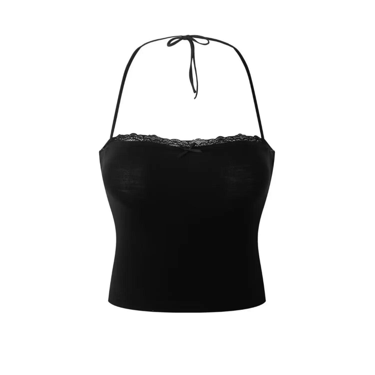 Studio product shot black halter crop camisole, showcase lace trim neckline and back halter tie straps