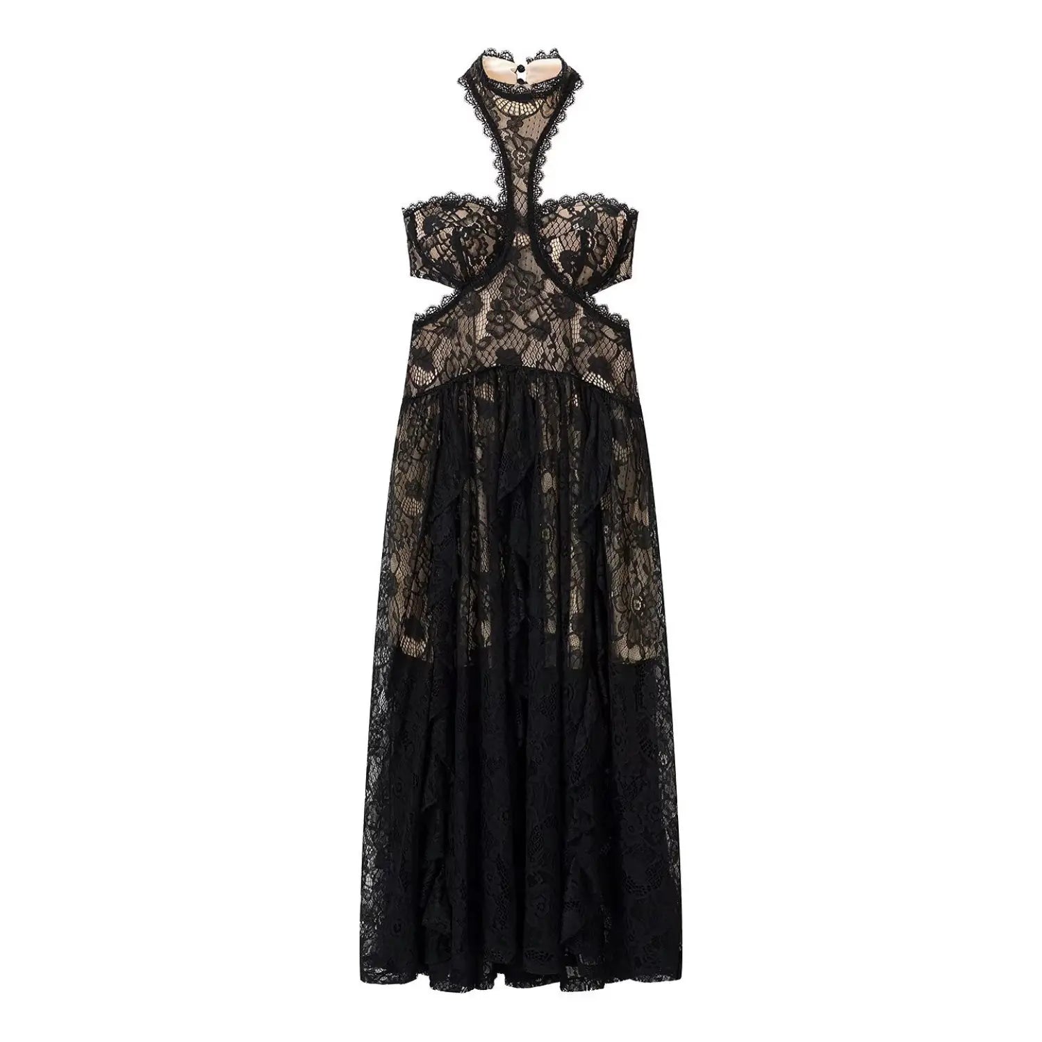 Black vintage floral hollow lace halter maxi dress white background flat lay, sexy bust cutout large waist hollow drape ruffle long skirt dark party gown single color shot