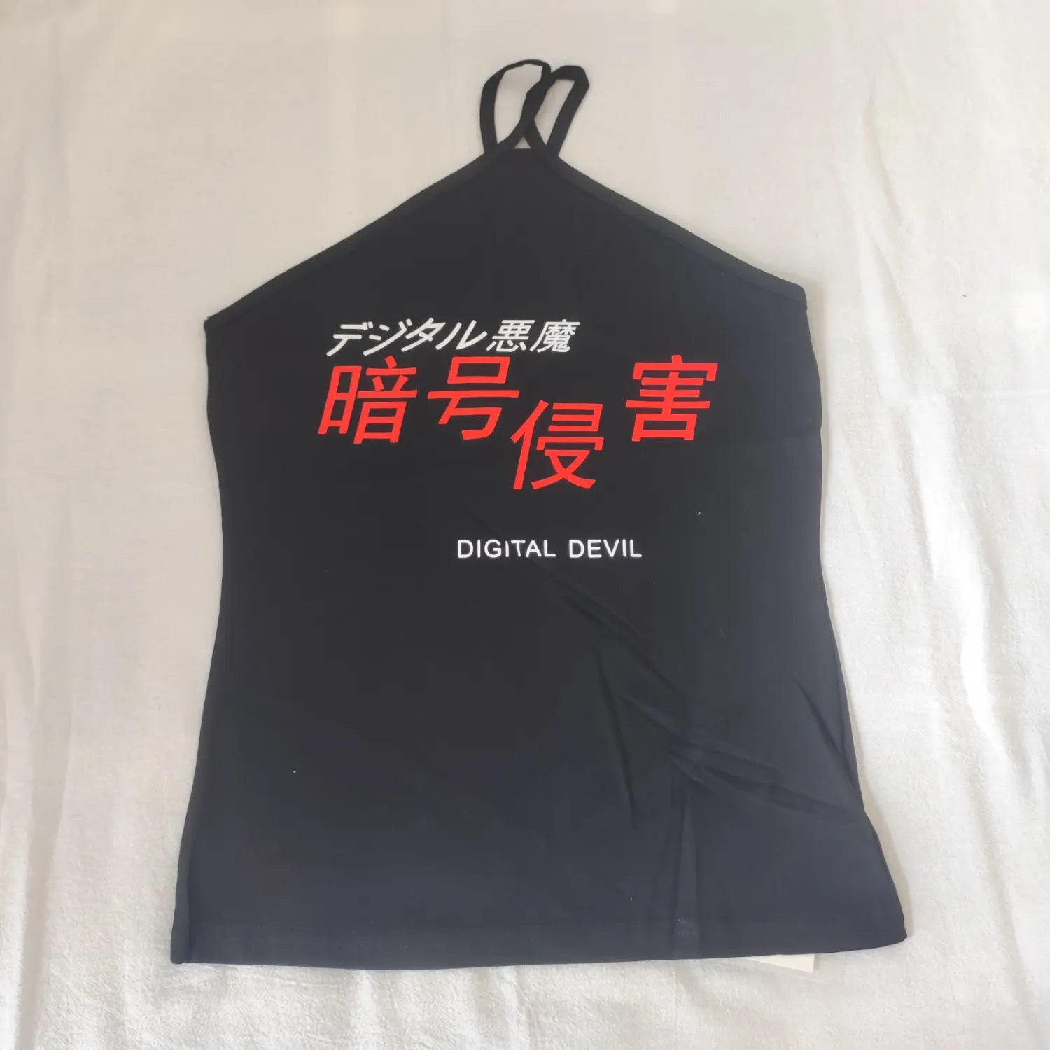 Flat lay full front view black halter tank top japanese red white text graphic print
