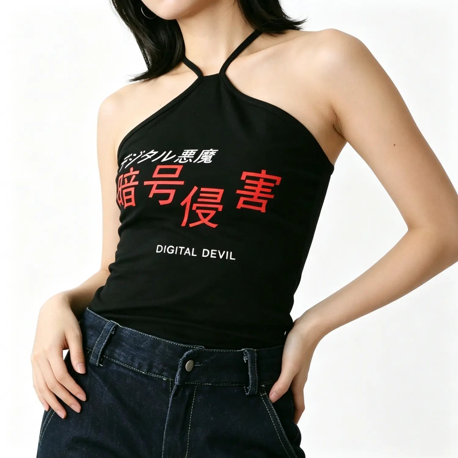 Model front pose black halter tank top with japanese red text graphic paired with dark denim jeans