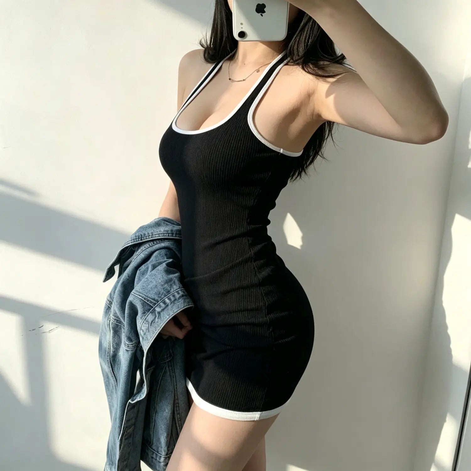 Mirror selfie side profile view model in black halter neck ribbed mini dress with white contrast piping