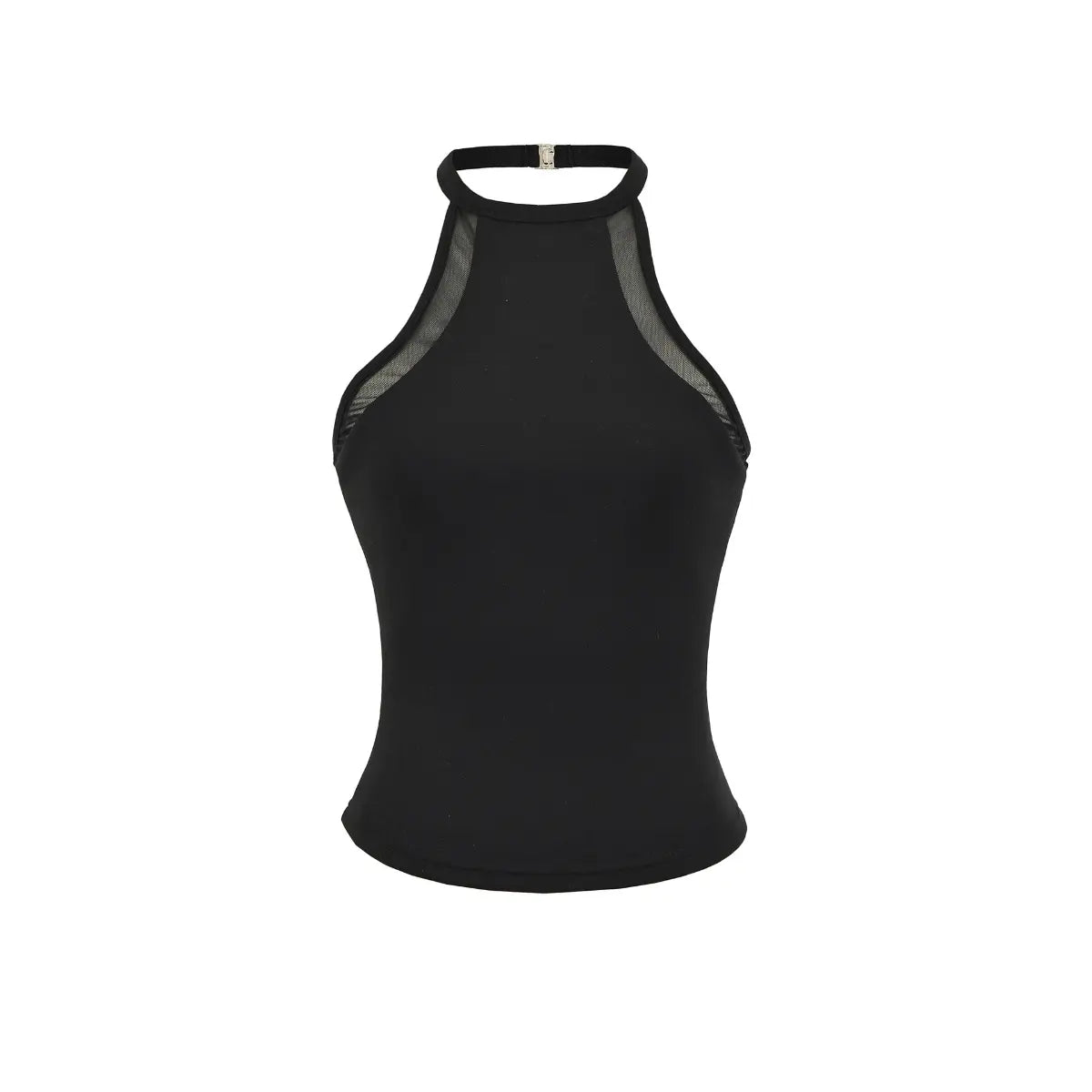 Front view black fitted halter tank top with side mesh panel metal clasp at halter neck