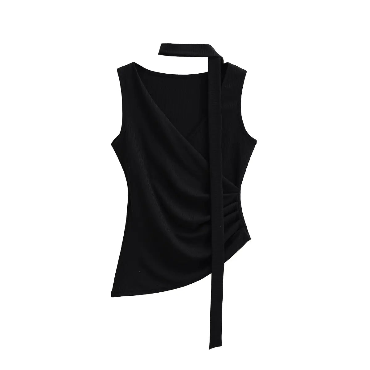 Flat lay view of a black ribbed halter wrap top, showing the wrap front, side ruching, and long tie strap.