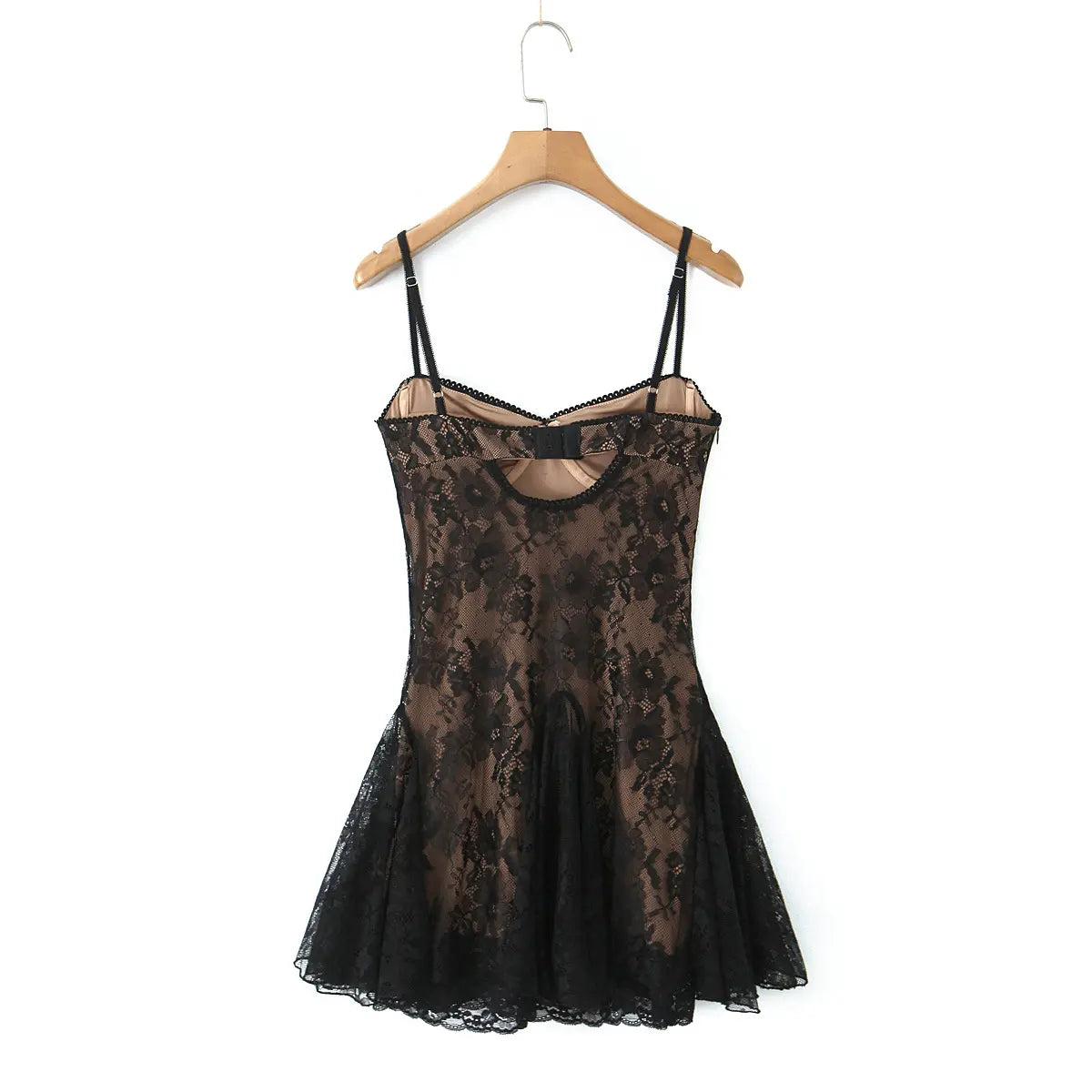 Full back view of the black lace corset babydoll slip dress on a wooden hanger, showing back closure and flared skirt