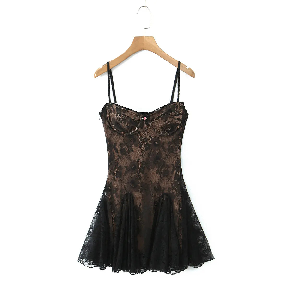 Full front view of the black lace corset babydoll slip dress on a wooden hanger, showing bust cup detail and flared skirt