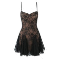Full front view on white background of the black lace corset babydoll slip dress with underwired cups and flared skirt