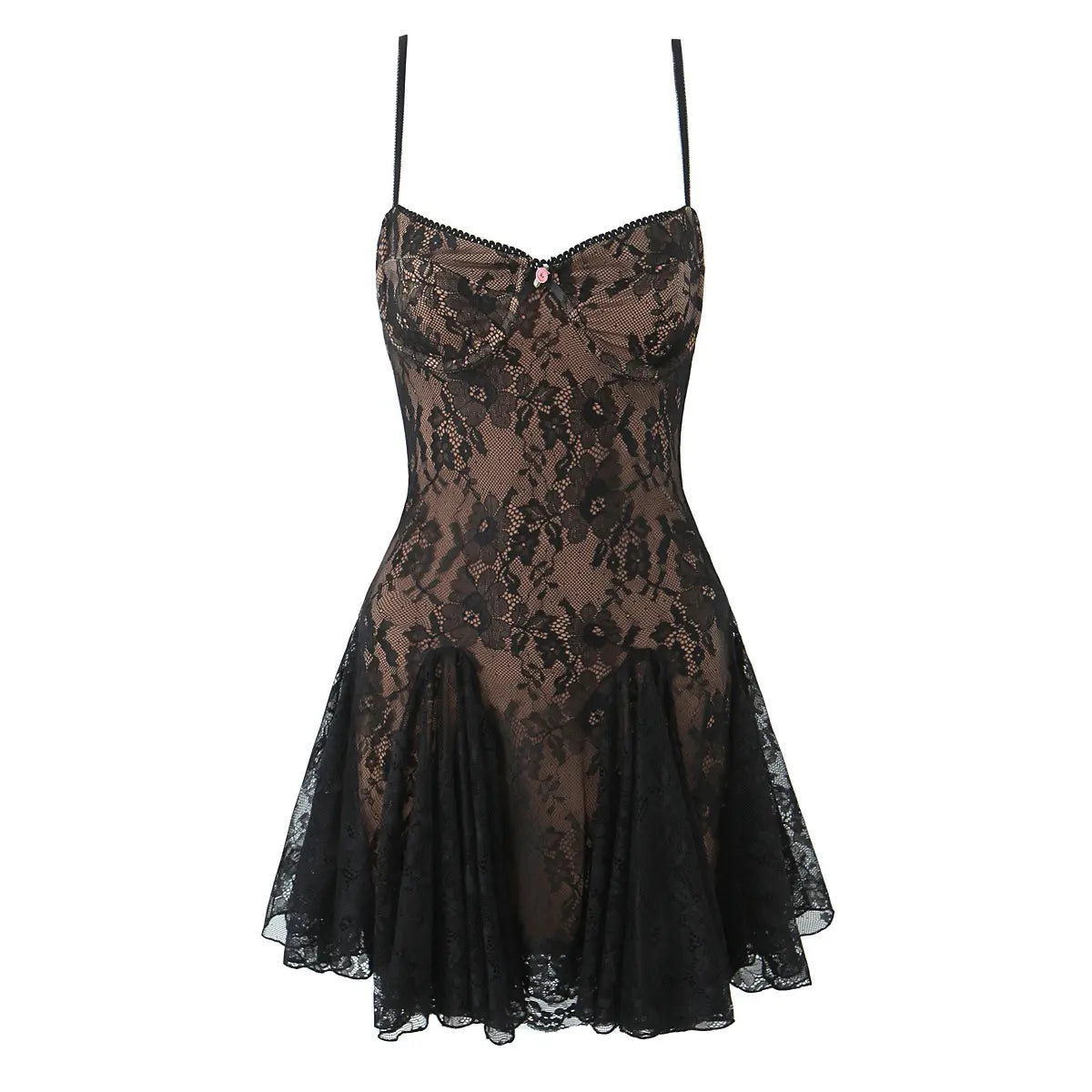 Full front view on white background of the black lace corset babydoll slip dress with underwired cups and flared skirt