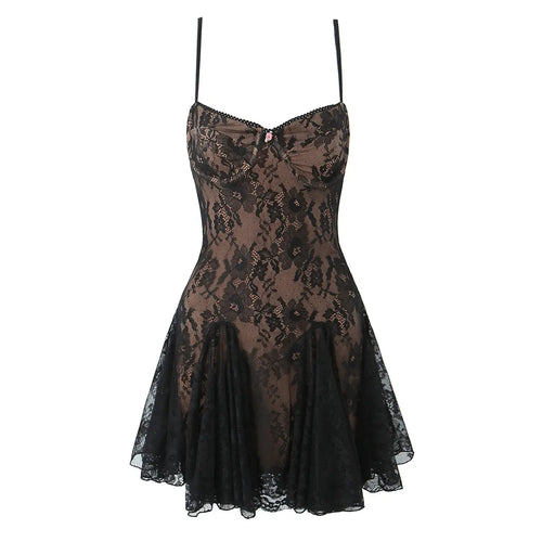 Full front view on white background of the black lace corset babydoll slip dress with underwired cups and flared skirt