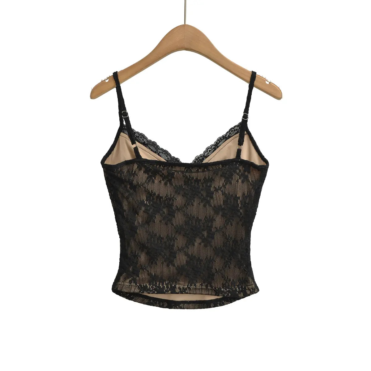 Black lace cami top with V-neck, hanging on wooden hanger, back view