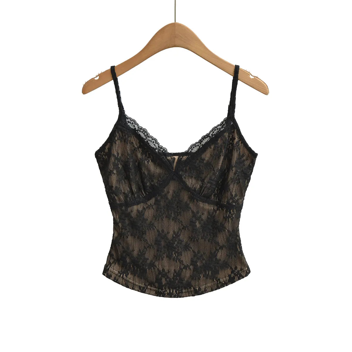 Black lace cami top, full front view on wooden hanger