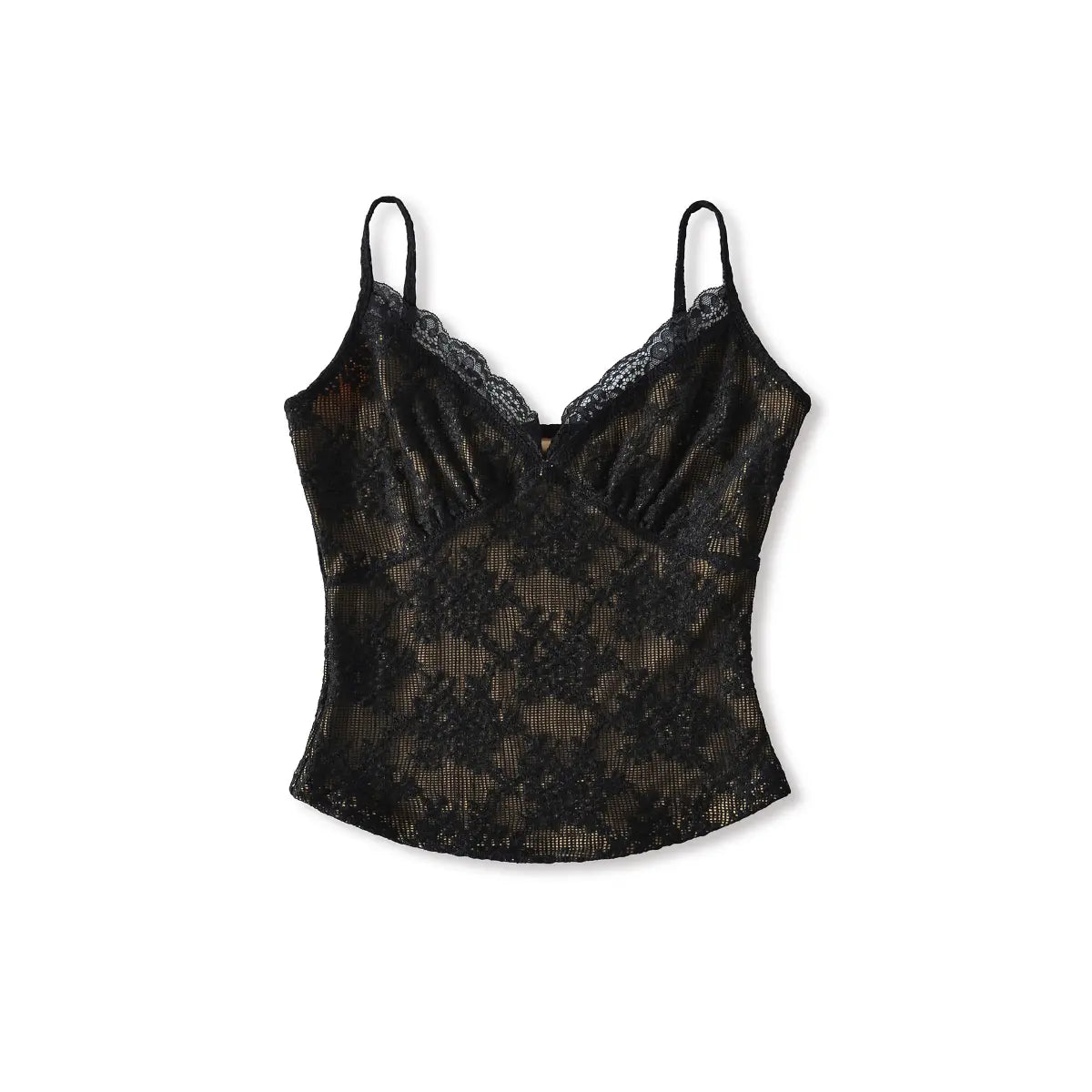 Front shot of the black lace camisole, showing the scalloped V-neck, lace texture, and fitted silhouette.