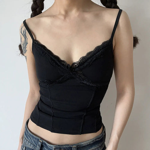 Black tone front lifestyle photo, black scalloped lace trim, gothic sweet slim fit, paired with casual denim bottoms