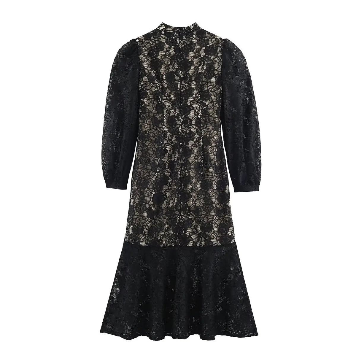 Black lace frog button mandarin collar midi dress, back flat lay
